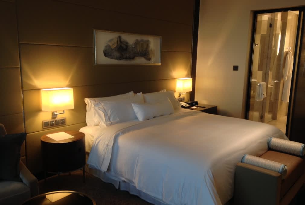hotel room with bed side lights switched on