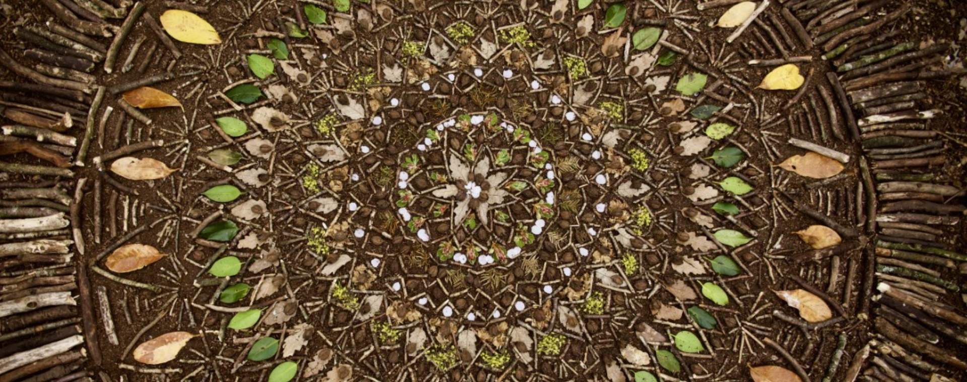 Intricate land art created using stones, leaves and sticks as part of the Land Sand Stone Festival in East Yorkshire