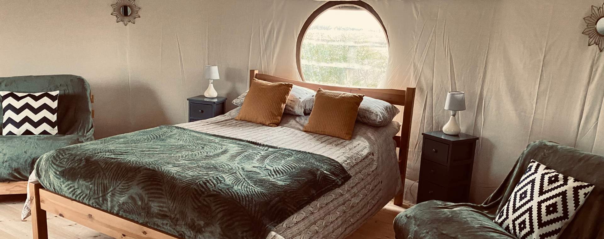 Inside a yurt at Kingfisher Lakes