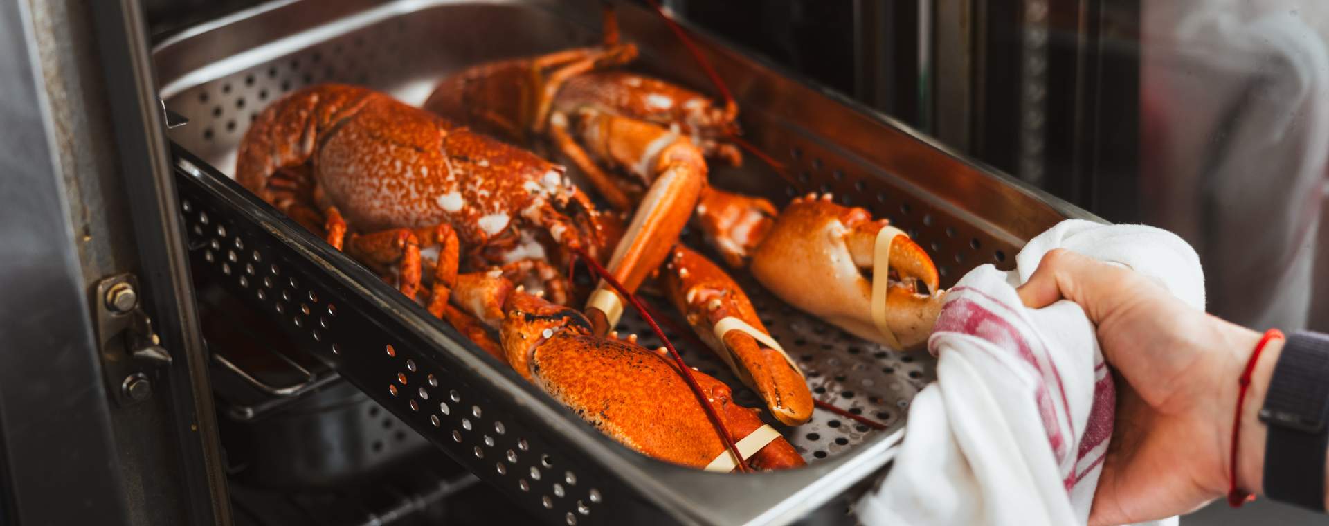 A close up of someone's hand removing a tray of cooked lobster from the oven.