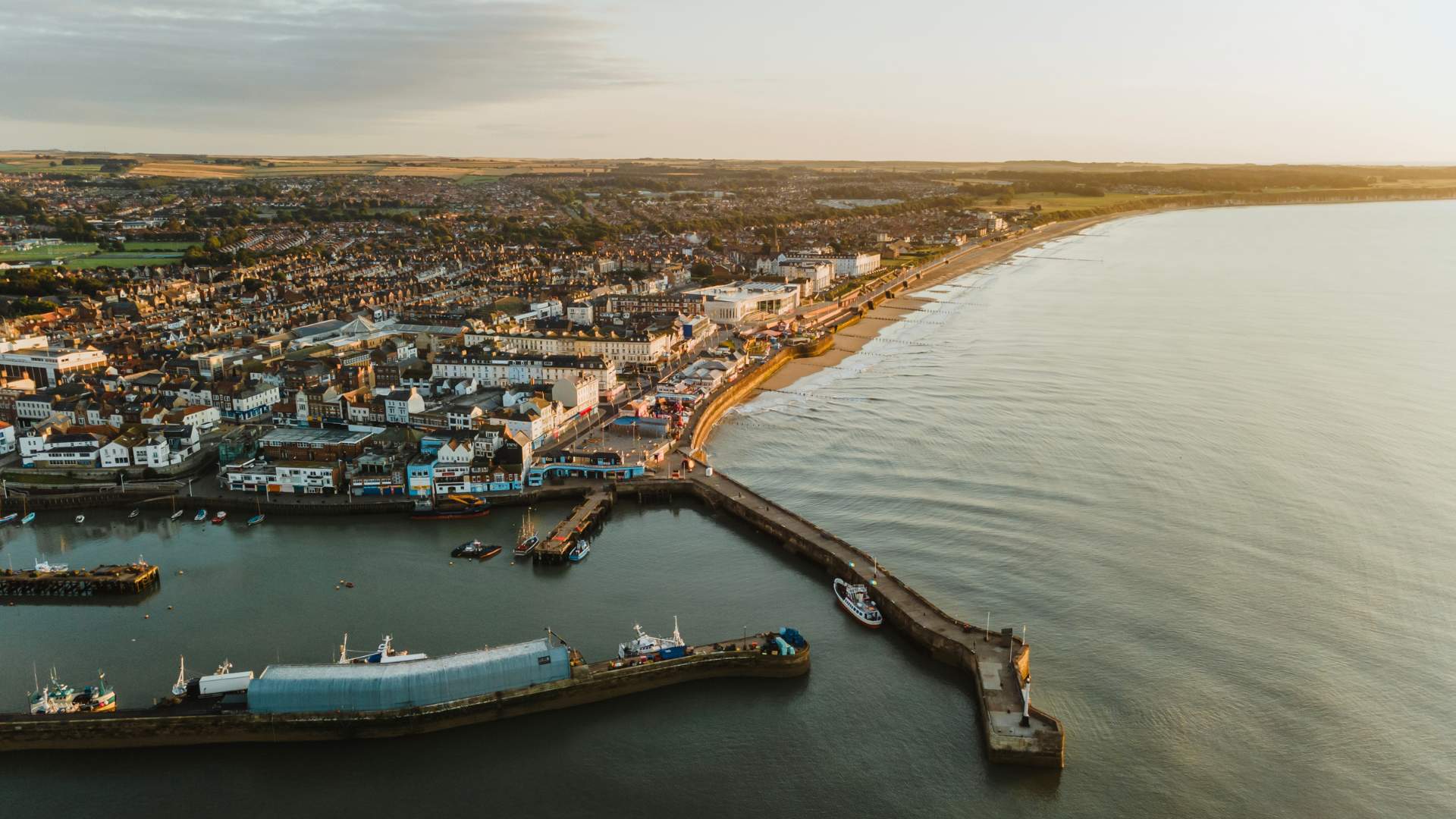 An ariel view over Bridlington harbour and town, town and north side.