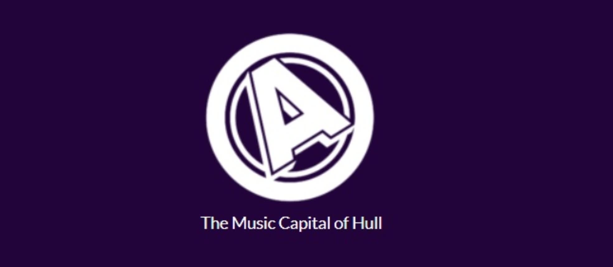 The Adelphi logo in white with a dark blue background. The letter A is on a slant in a white circle and underneath in white text it read 'The Music Capital of Hull'