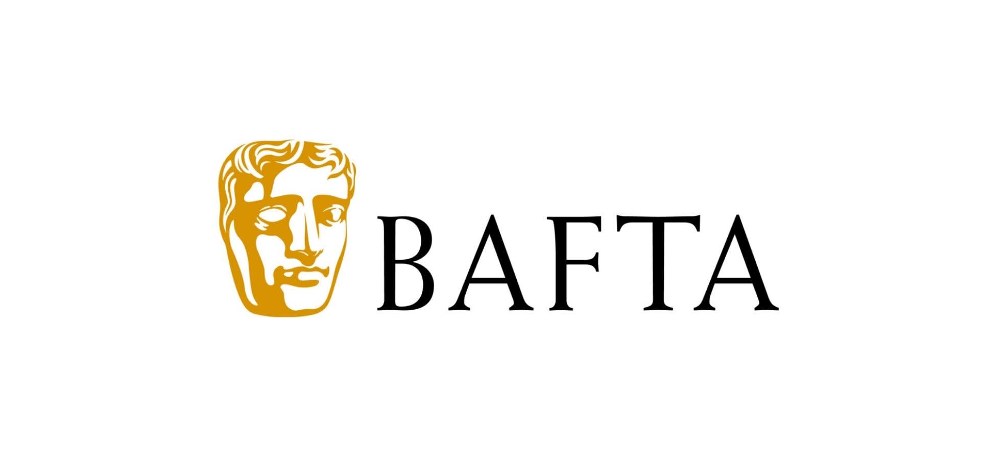 The Bafta logo - BAFTA is written in black writing and there's a gold mask on the left hand side. The background is white.