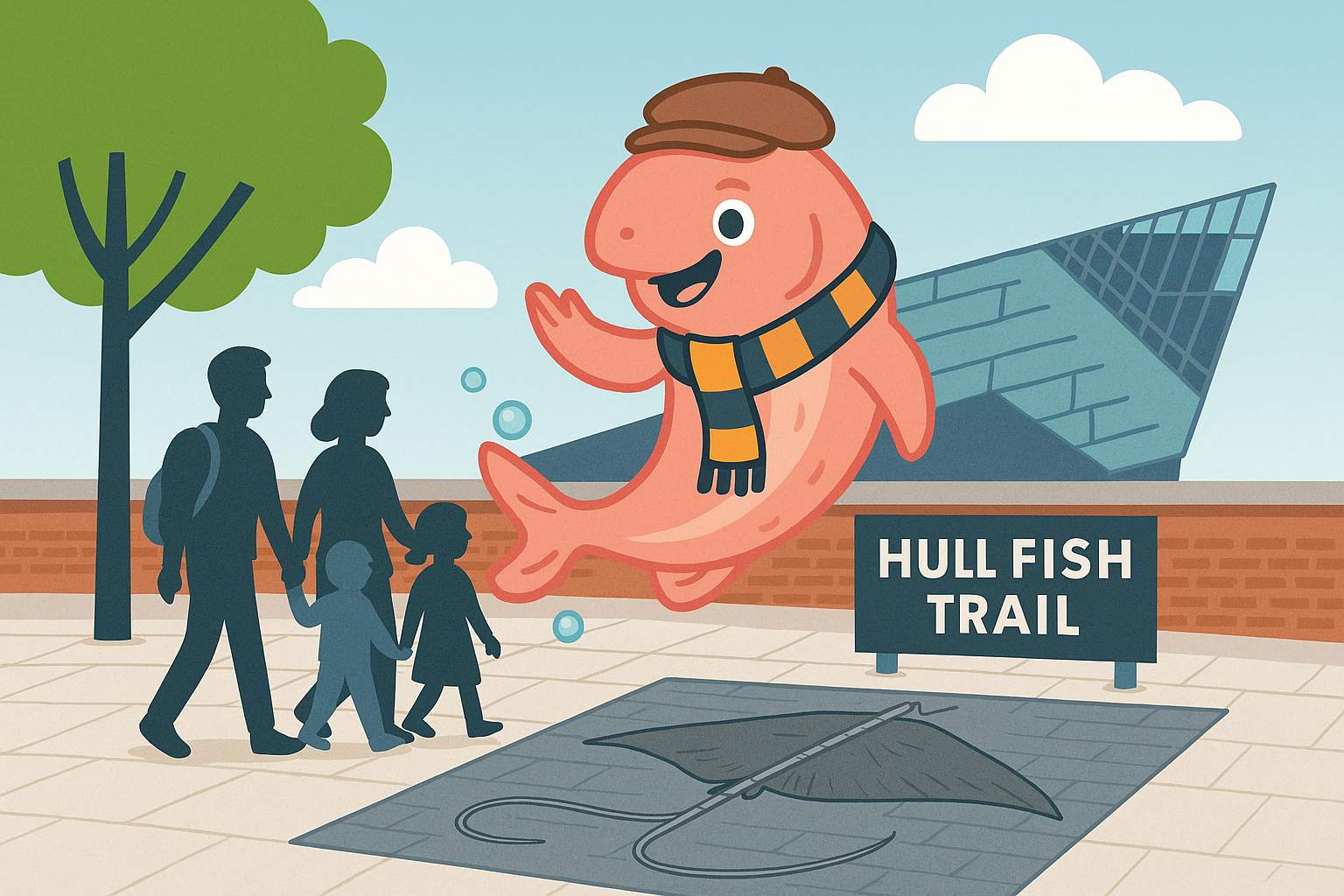 Mixed‑style illustration of Sammy the Salmon guiding a family along the Hull Fish Trail, with The Deep and a stingray pavement marker in the background, promoting Hull’s family‑friendly waterfront attraction.