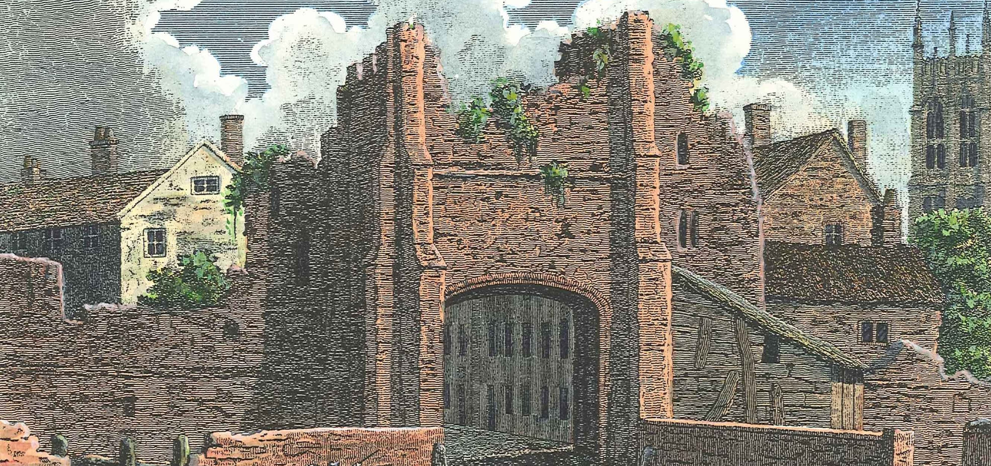 Historic illustration of Beverley Gate in Hull, showing a large brick gateway with towers, surrounding walls, nearby houses and architectural details associated with Hull’s medieval city defences.