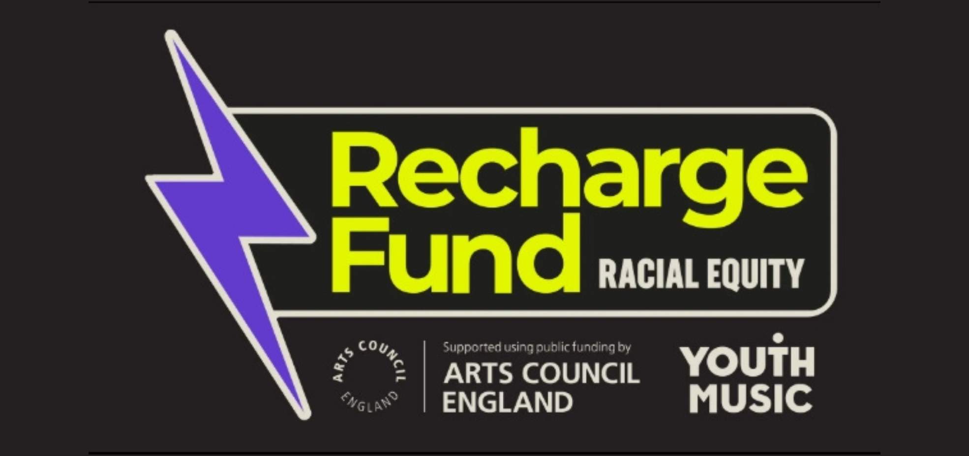 Recharge Fund for Racial Equity banner with a blue lightning bolt and yellow text.