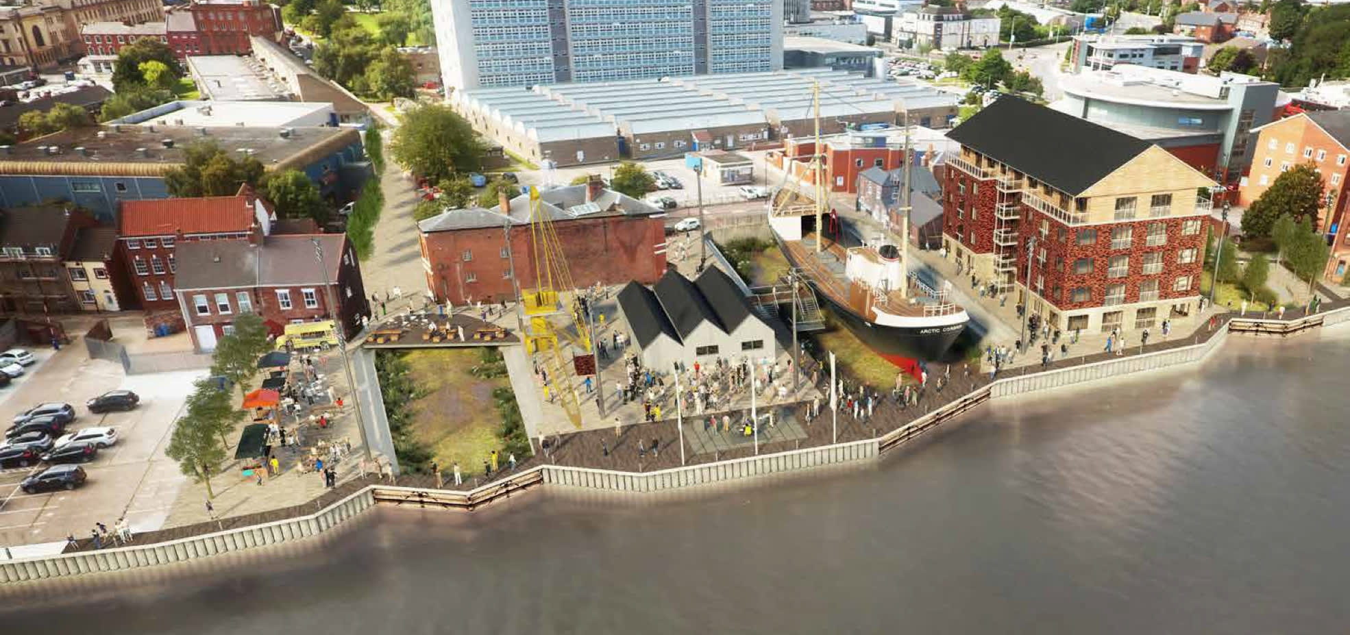 Aerial view of the North End Shipyard redevelopment in Hull, showing restored historic buildings, the Spurn Lightship, waterfront walkways, cranes, and visitors exploring the newly designed heritage site alongside the River Hull.