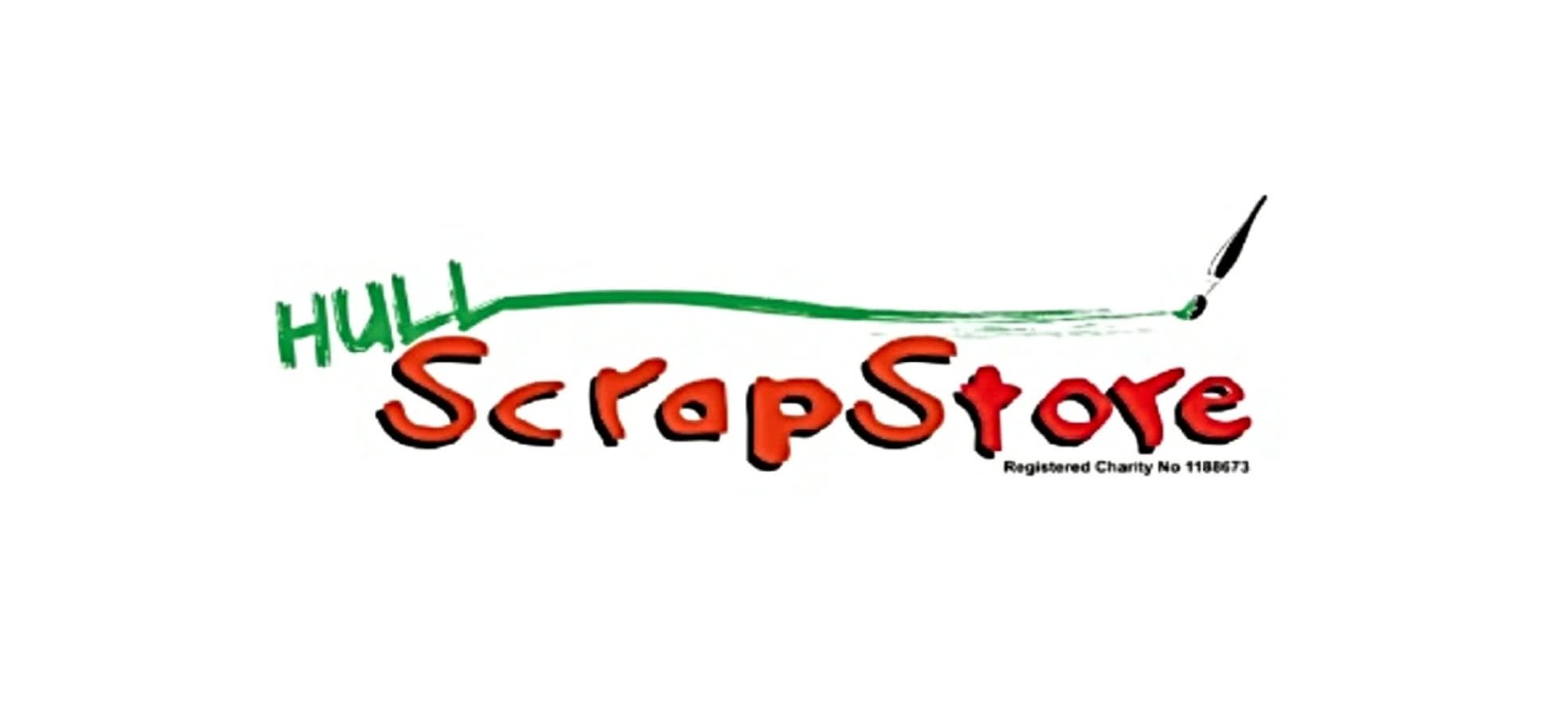 Hull Scrapstore logo - Hull text is in green paint with a paintbrush running along the top of the red word 'scrapstore' in red text.