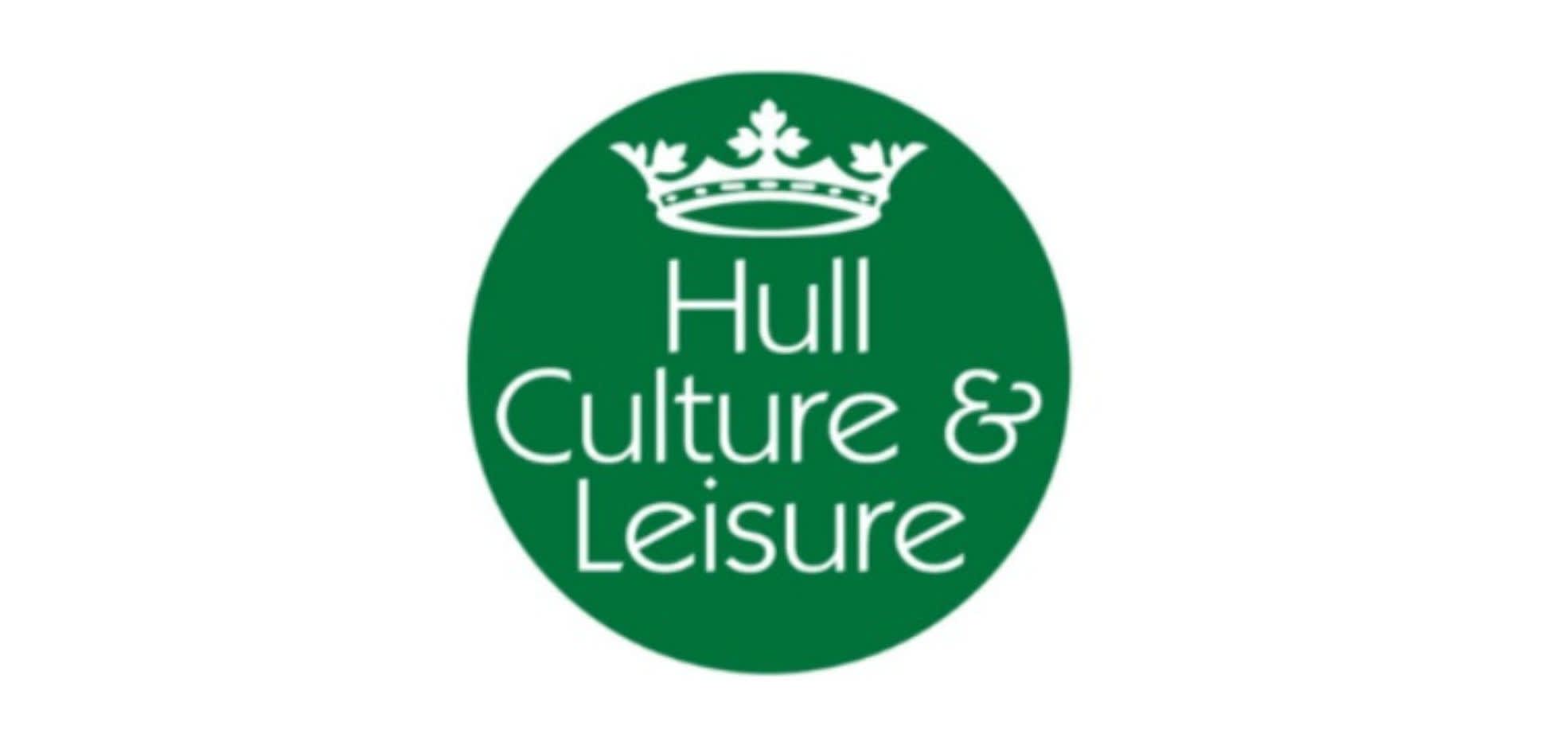 The Hull Culture and Leisure logo. A green circle with white text in the middle saying Hull Culture & Leisure. There's a white crown above the text.