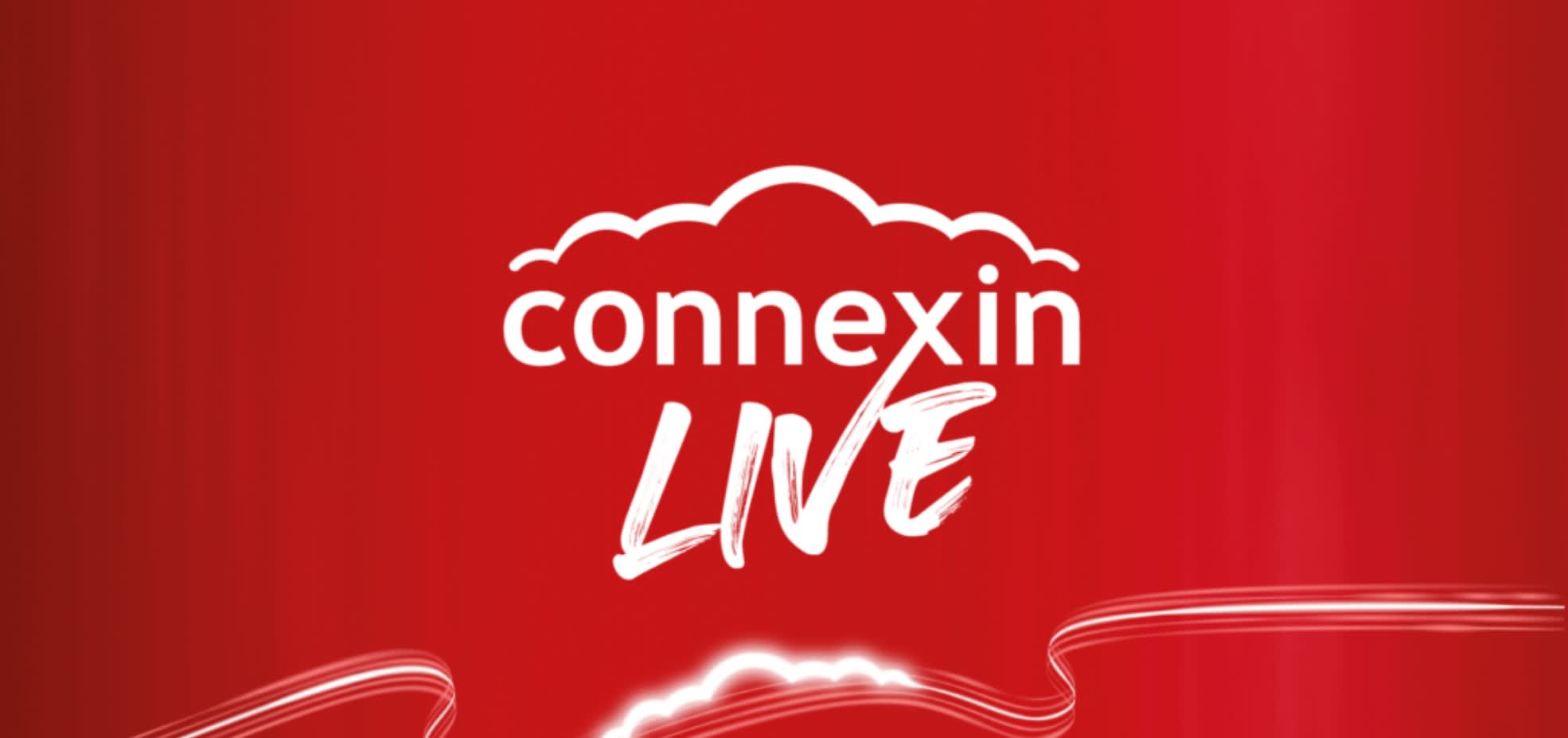 The connexin live logo on a red background. white text says connexin live with a white outline of a cloud above it.