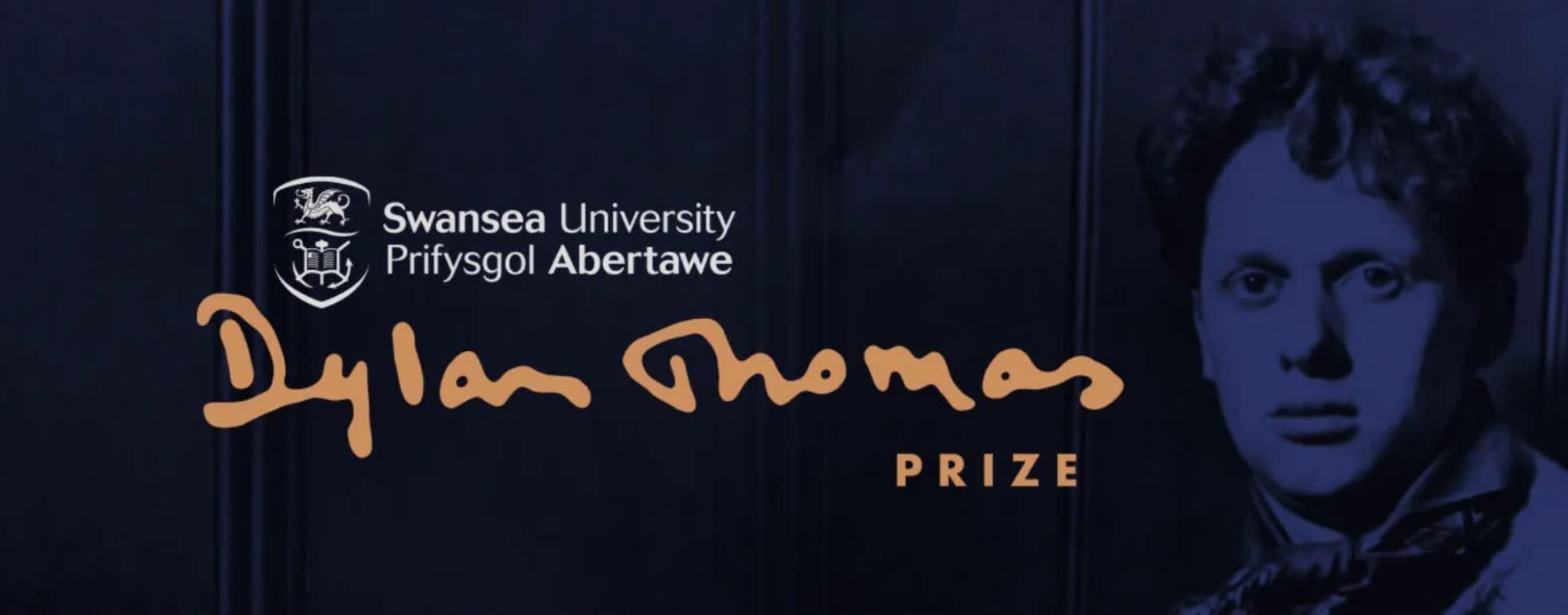 Dylan Thomas with a blue filter over the top with the words 'Dylan Thomas Prize' in orange text.