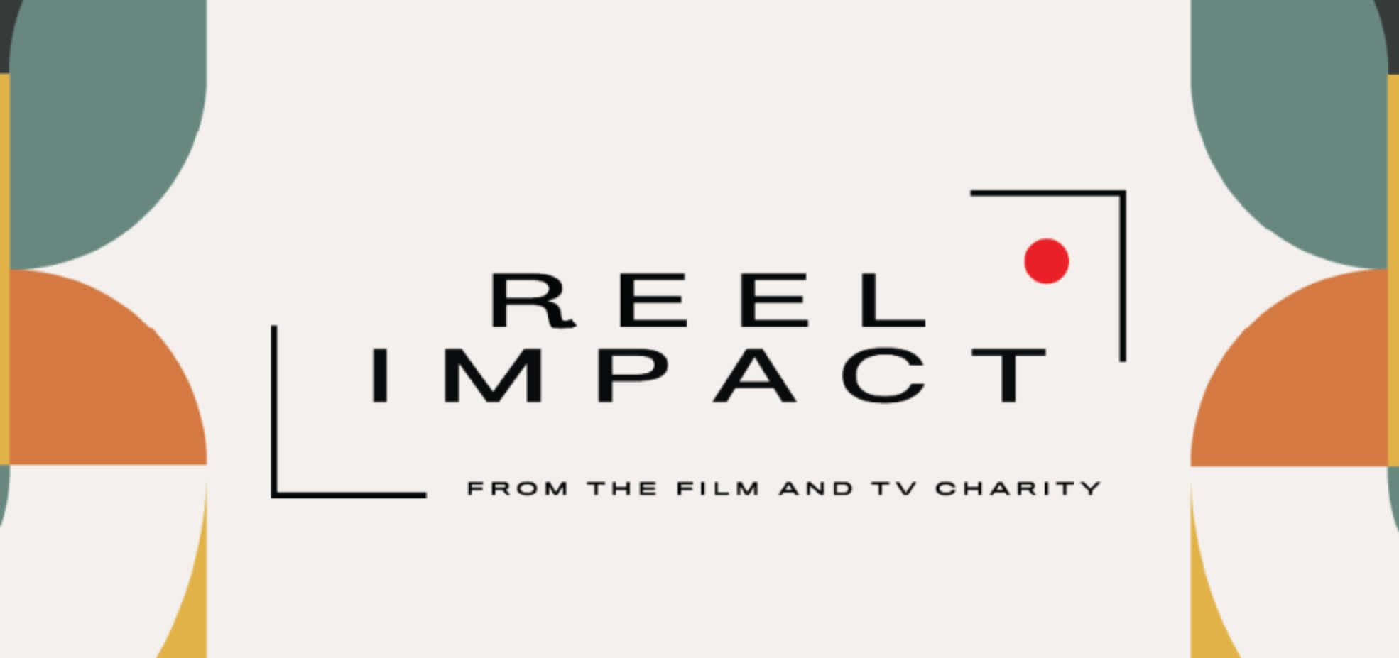 A logo for reel impact: the film and TV charity. The words reel impact in black letting are in the centre. There's orange and blue semi circles at the side.