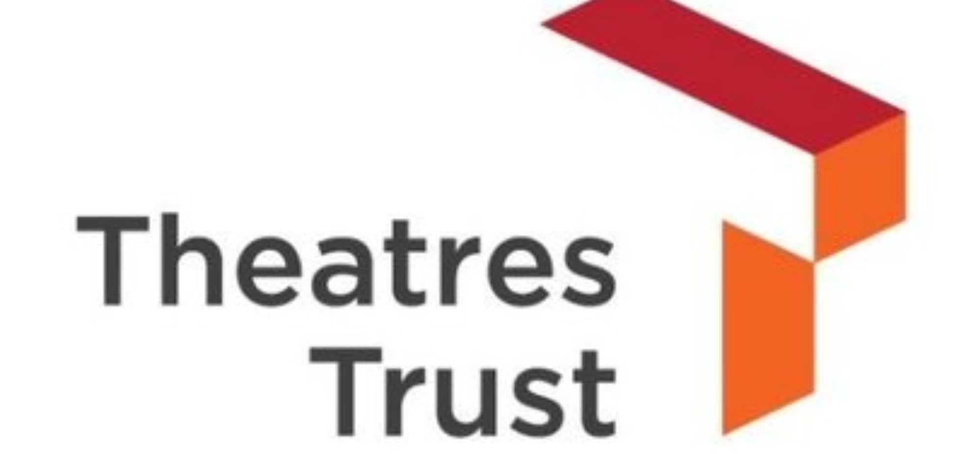 Theatres Trust logo on a white background. Theatres Trust in black text and 3D T on a slant with red and orange sides.
