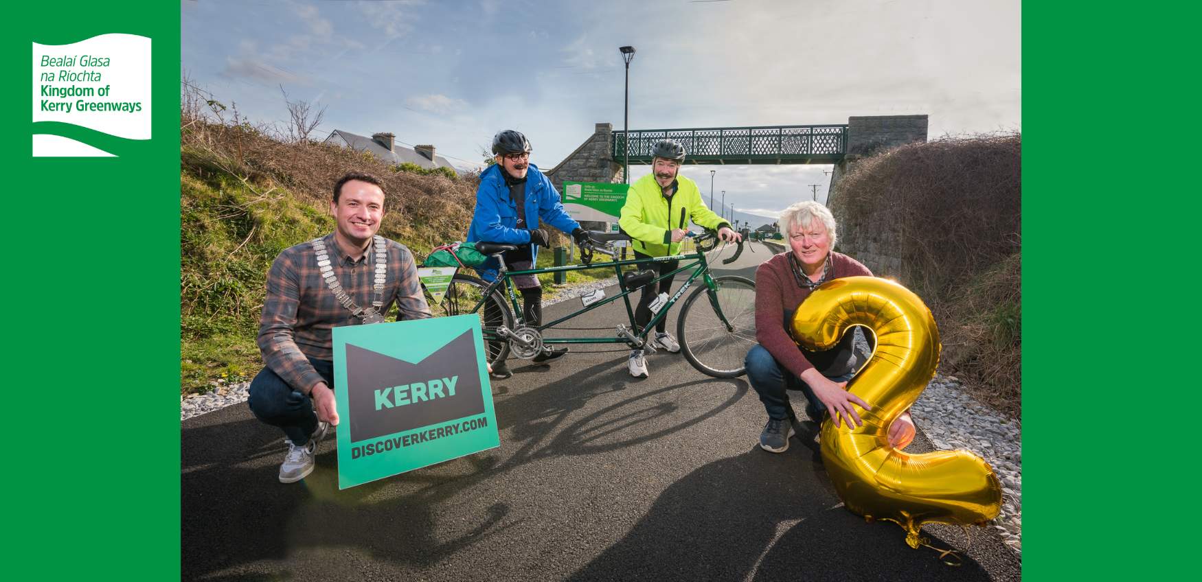 Celebrating two years of Kingdom of Kerry Greenways are Mayor of Tralee, Cllr Mikey Sheehy, Brian Haslett & Mark Irvine, The Gourmet Boys, from Belfast and Deputy Mayor of Listowel, Cllr Michael Leane. Photo: Pauline Dennigan