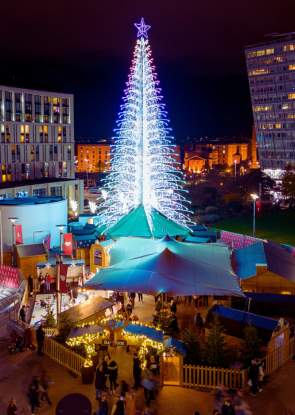 A large white Christmas tree in Liverpool ONE