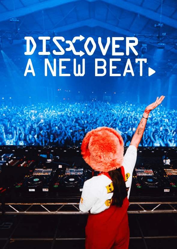 The text 'discover a new beat' in white writing on an image of a female dj in a large warehouse.