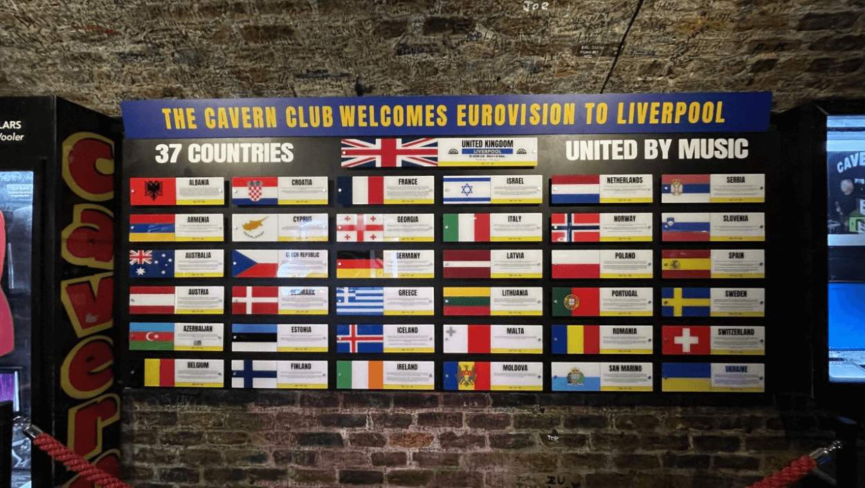 A brick wall with different flags and information arranged on a wall.