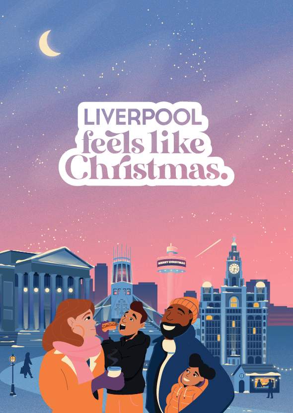 4 cartoon illustrations of people enjoying festive cheer in Liverpool with iconic landmarks behind them