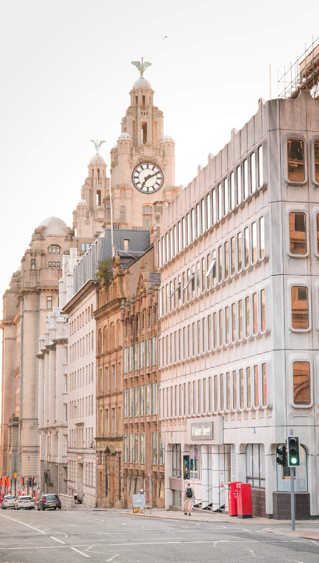 Looking down Water Street towards the Royal Liver Building in the day time