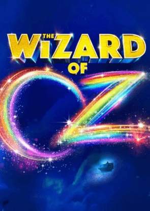 Wizard of Oz rainbow text on a blue background