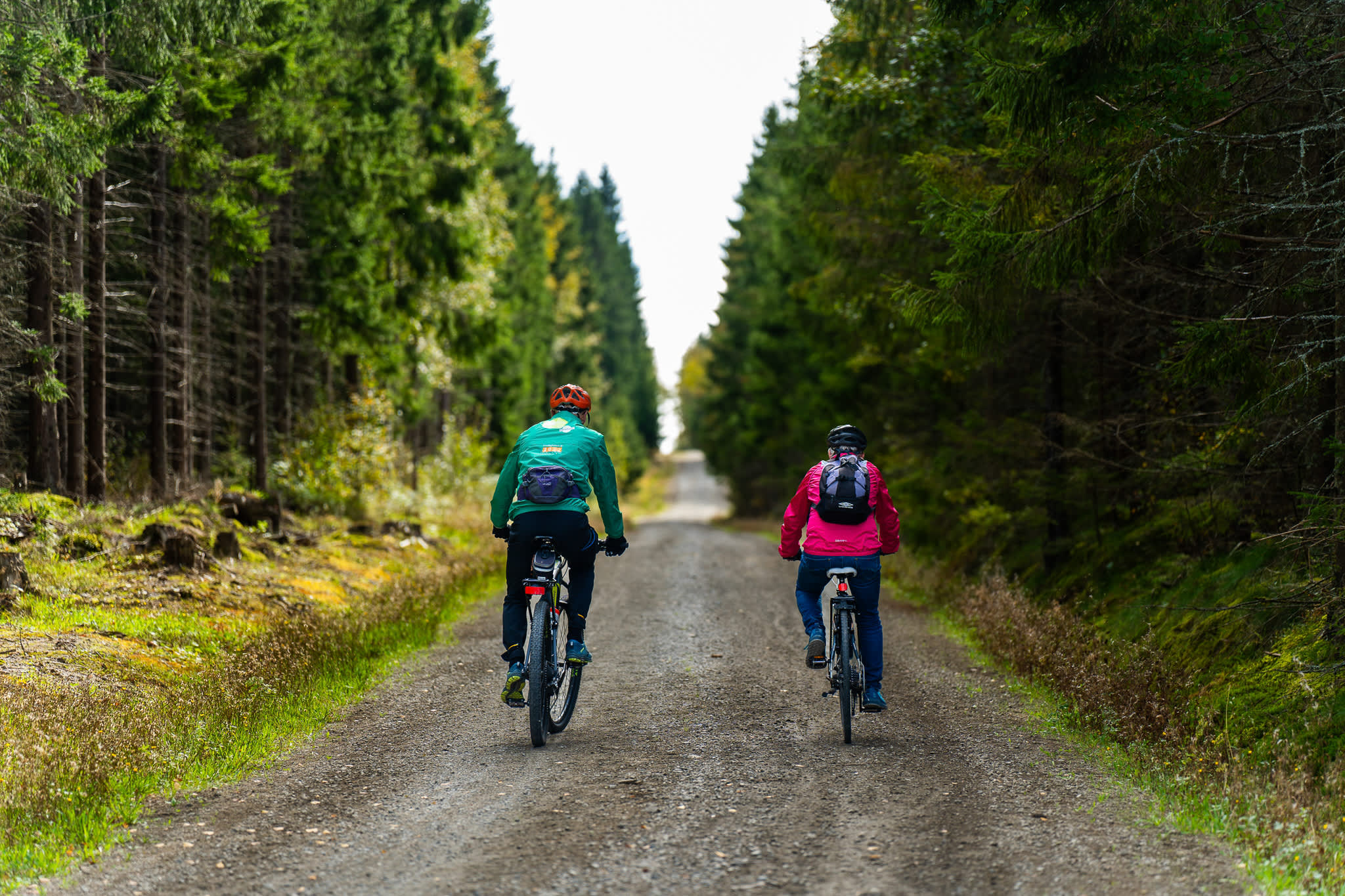 To som sykler på en grusvei i skogen