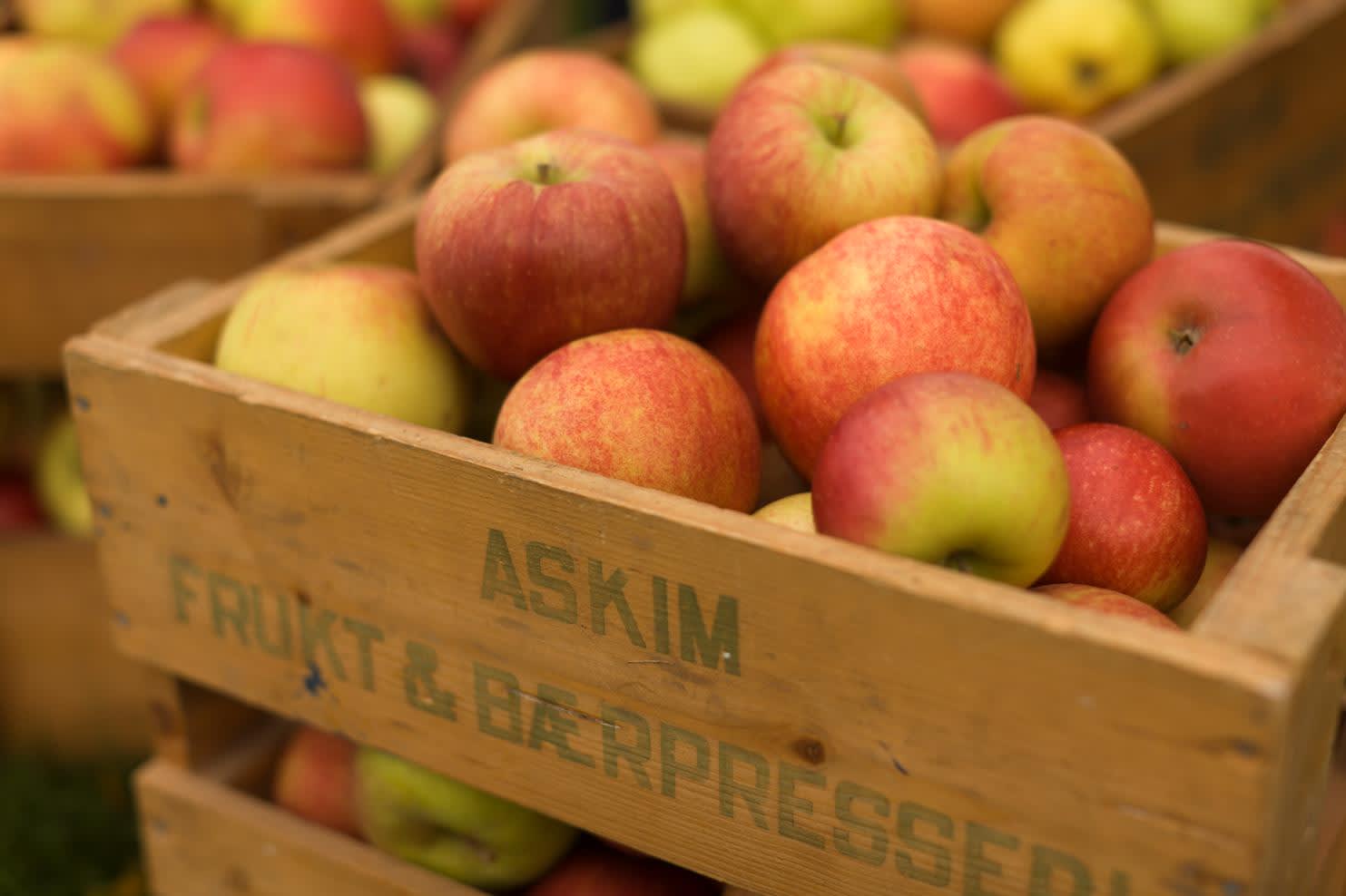 apples in a wooden box with Askim fruit and berry pressing on it