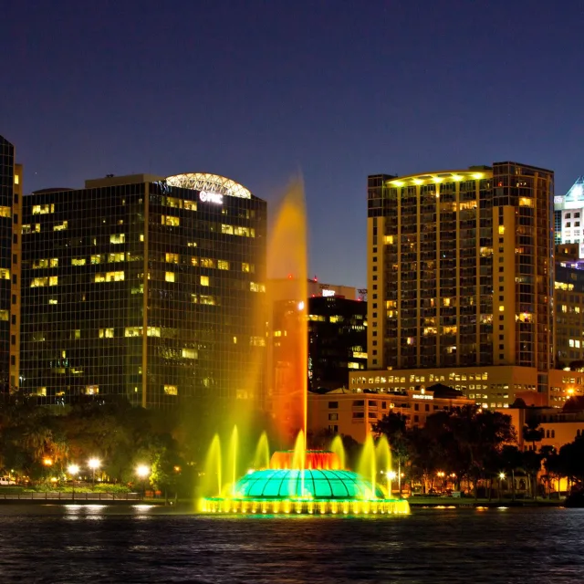 fountain at Lake Eola in downtown Orlando at night