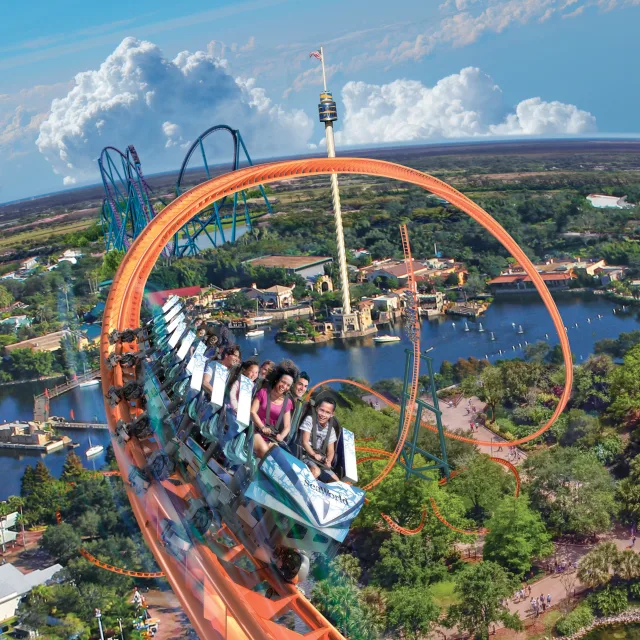 Ice Breaker roller coaster at SeaWorld Orlando cropped square