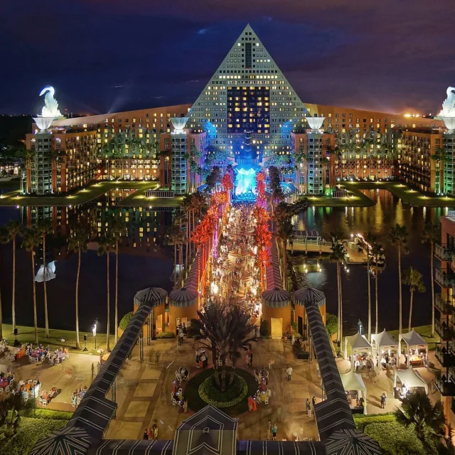Walt Disney World Swan & Dolphin Resort exterior shot at night