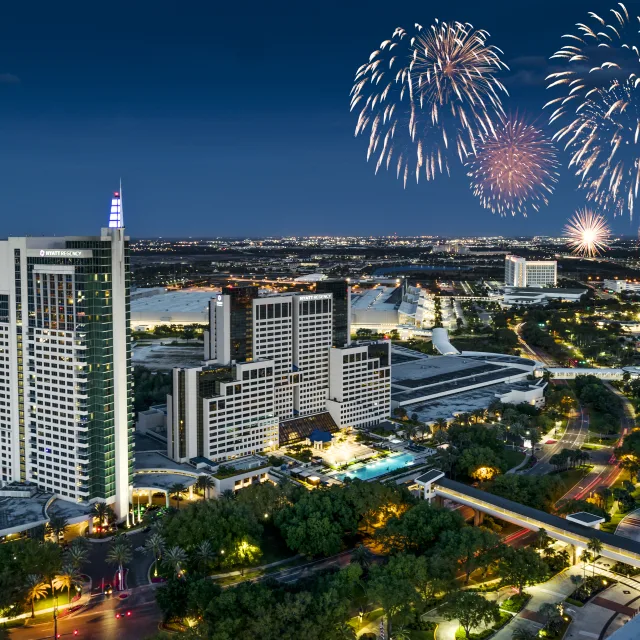 layered photoshop file of Push/Visit Orlando Hotel Drone footage of Hyatt Regency Orlandowith fireworks