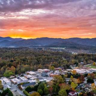 Sunset over town of Weaverville during the fall
