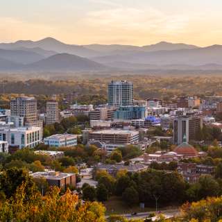 The Asheville, NC skyline at sunset