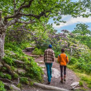A couple hikes the Craggy Gardens Pinnacle Trail near Asheville, NC