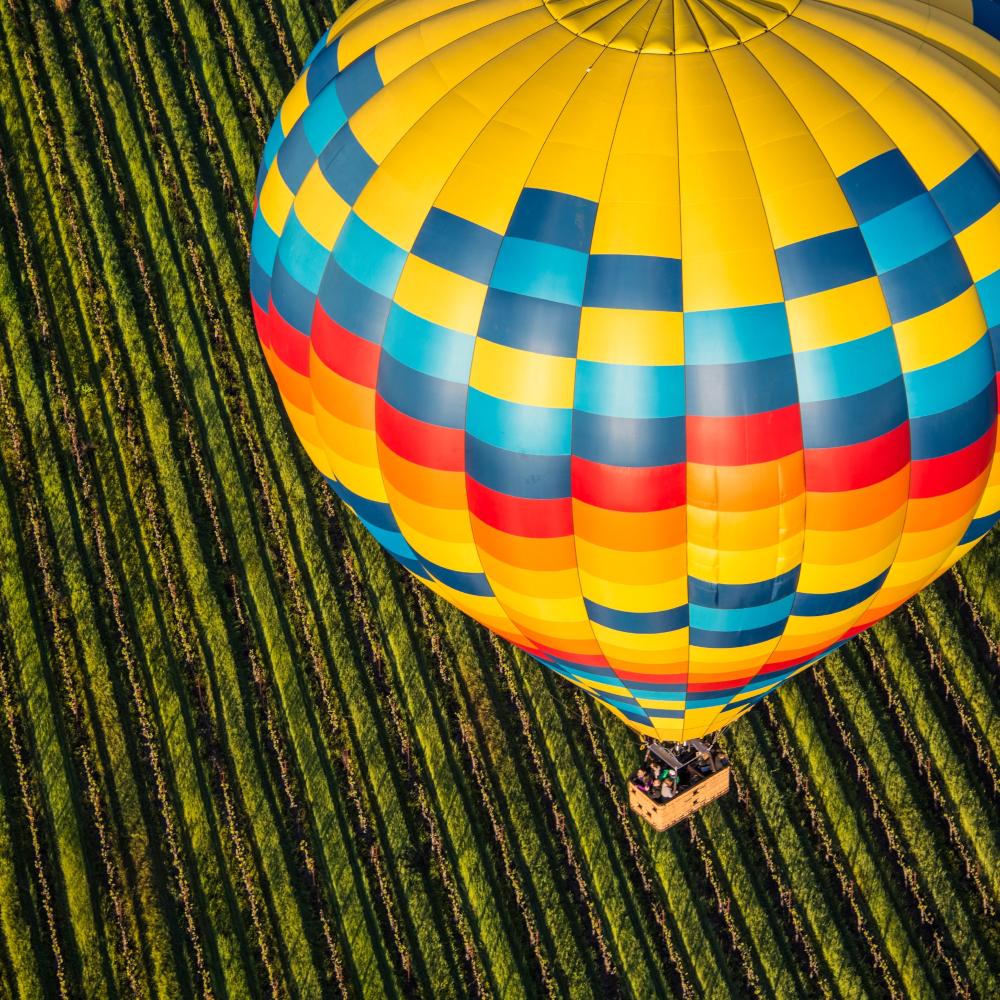 Hot Air Balloon over Napa Valley vineyard