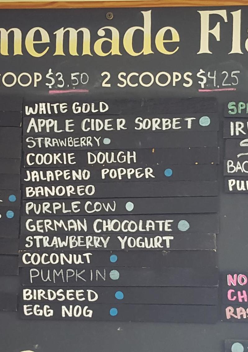 Menu of flavors at cayuga creamery