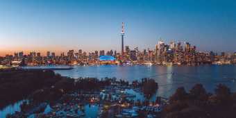 View of the Toronto city skyline from the Toronto Islands in the winter