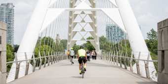The Humber Bay Arch Bridge is a pedestrian and bicycle arch bridge south of Lake Shore Boulevard West in Toronto