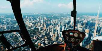 A view of the Toronto skyline as seen from a helicopter