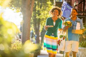 Couple walking downtown shopping