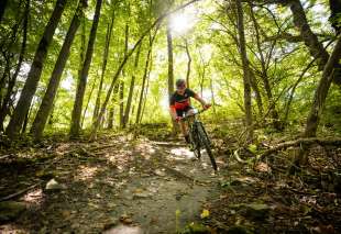 125 Man Mountain Biking on Trail at CamRock County Park in Cambridge