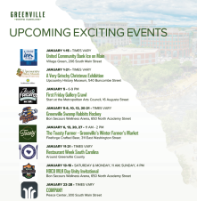 A snapshot of a printable bi-monthly events list produced by VisitGreenvilleSC.