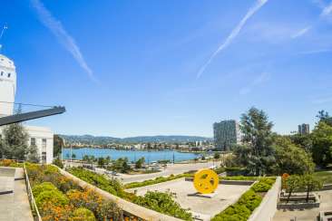 View of Lake Merritt from the garden of the Oakland Museum of California.