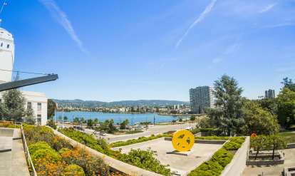 View of Lake Merritt from the garden of the Oakland Museum of California.