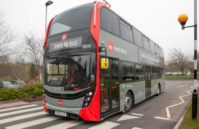 A grey and red Metro Bus - Credit First Bus