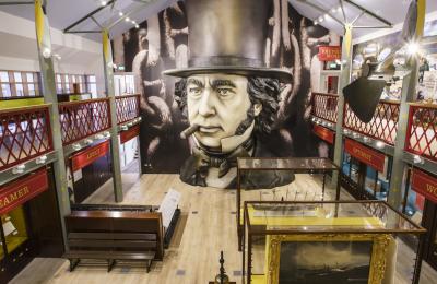 Exhibition space with large head of Brunel on wall