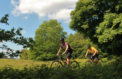 People on mountain bikes in field