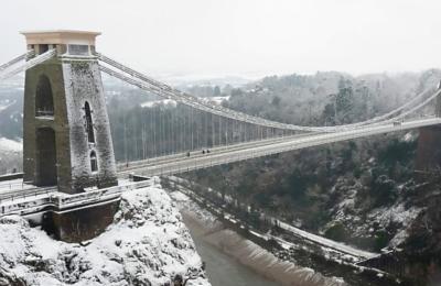 A view of the Clifton Suspension Bridge in West Bristol covered in snow, looking towards the Abbots Leigh area - credit Angharad Paull