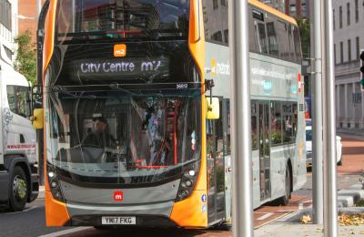 A grey and orange M3 metro bus- Credit First Bus