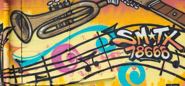 Close-up view of the Electric Jazz mural in San Marcos, Texas