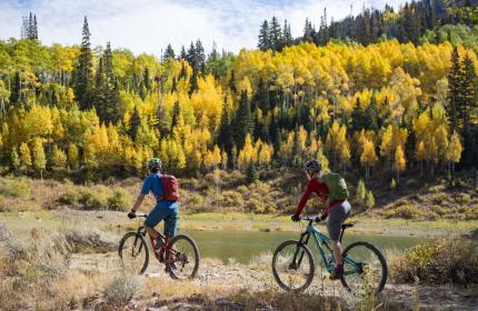 Two people mountain biking with fall foliage in background